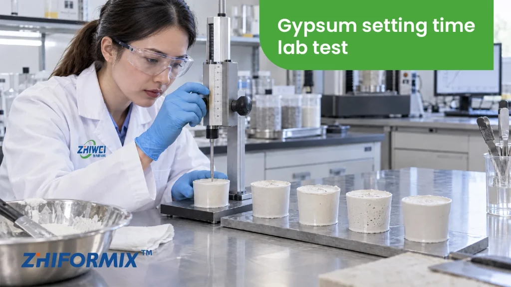 Technician testing gypsum setting time with different retarder dosages