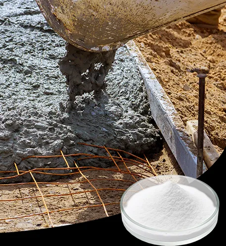Fresh concrete being poured into reinforced formwork alongside a white powder sample