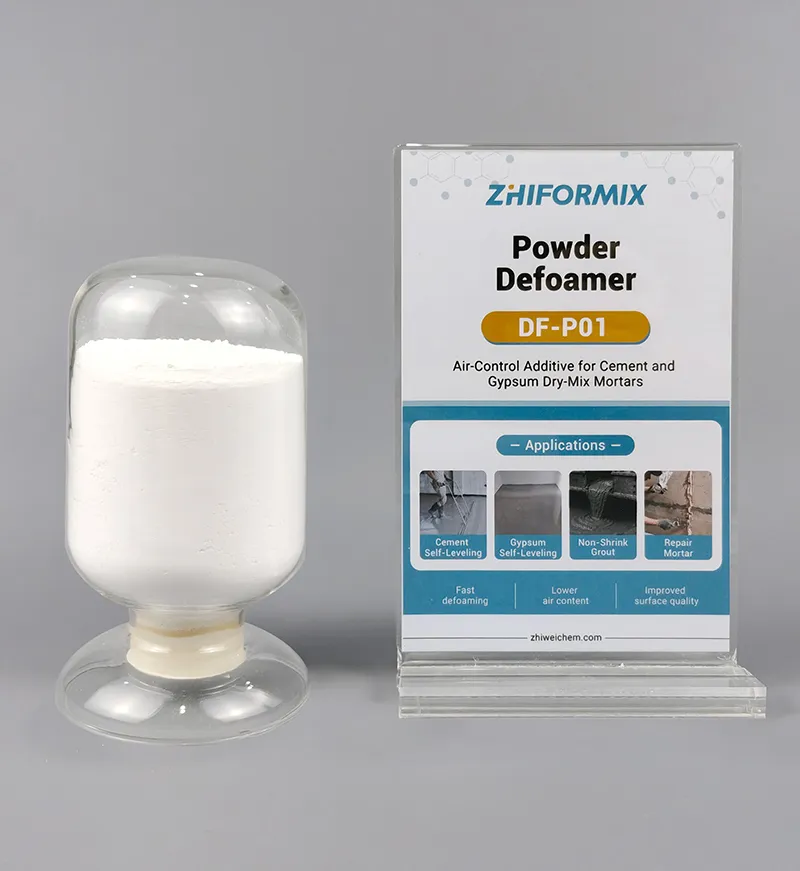 ZhiFormix DF-P01 white powder defoamer with branded product information display