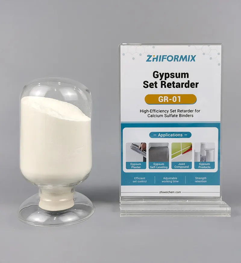 ZhiFormix GR-01 white gypsum retarder powder with branded product information display