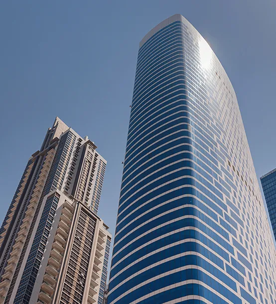 Modern high-rise office and residential buildings viewed from below