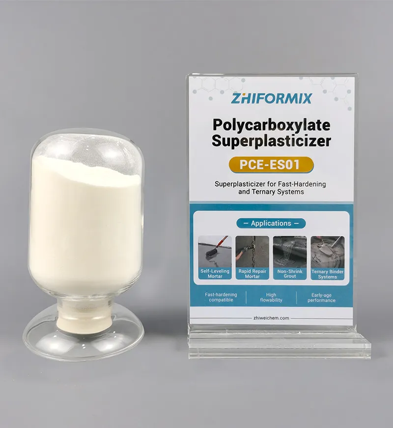ZhiFormix PCE-ES01 polycarboxylate superplasticizer sample with branded product information display
