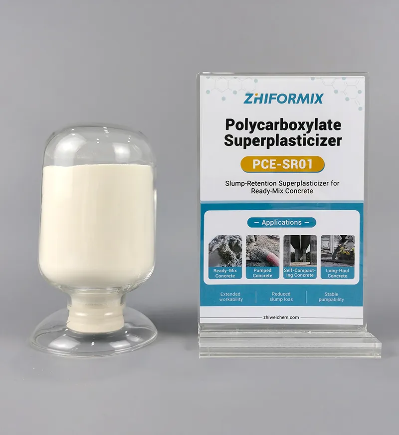 ZhiFormix PCE-SR01 polycarboxylate superplasticizer sample with branded product information display