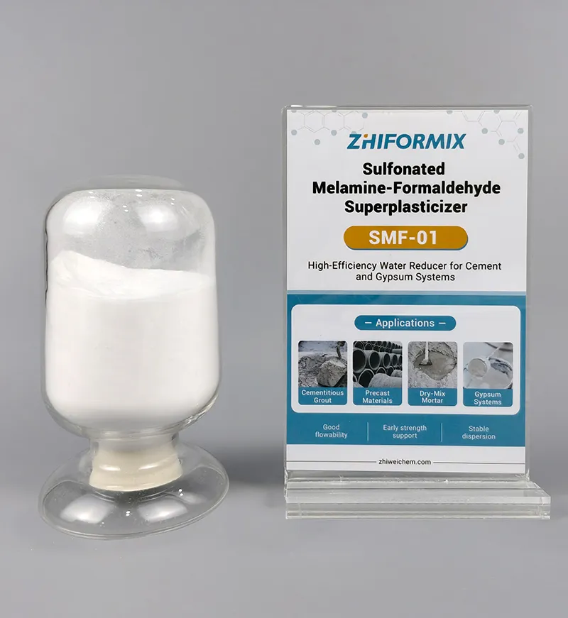 ZhiFormix SMF-01 white sulfonated melamine-formaldehyde superplasticizer powder with branded product display
