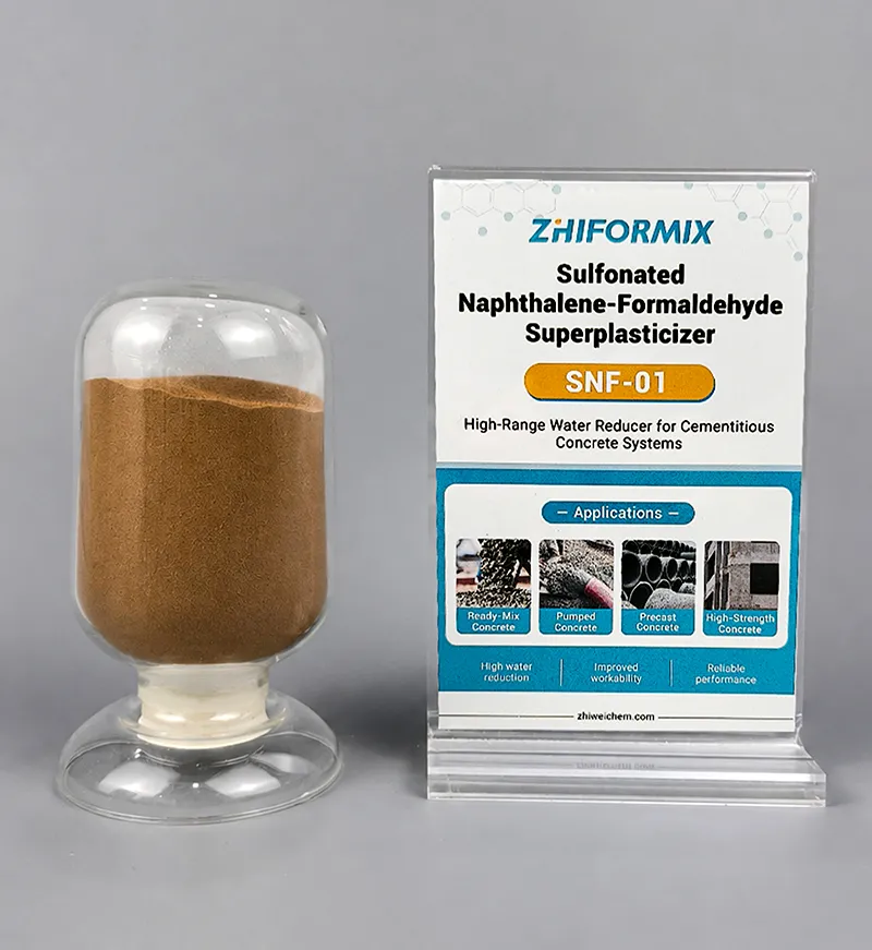 ZhiFormix SNF-01 brown naphthalene-based superplasticizer powder with branded product information display